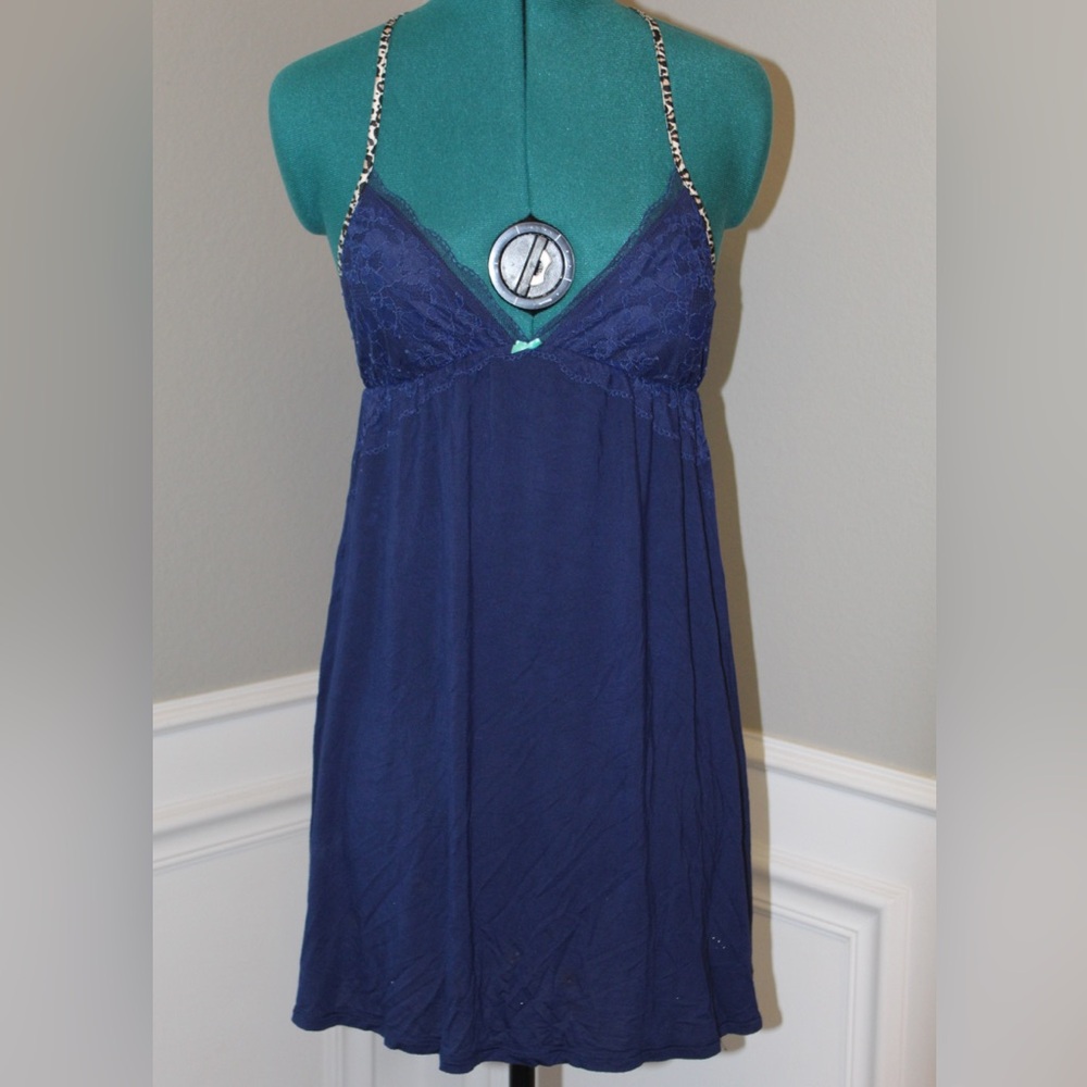 Victoria's Secret Navy Blue Lace Trim Chemise with Leopard Straps